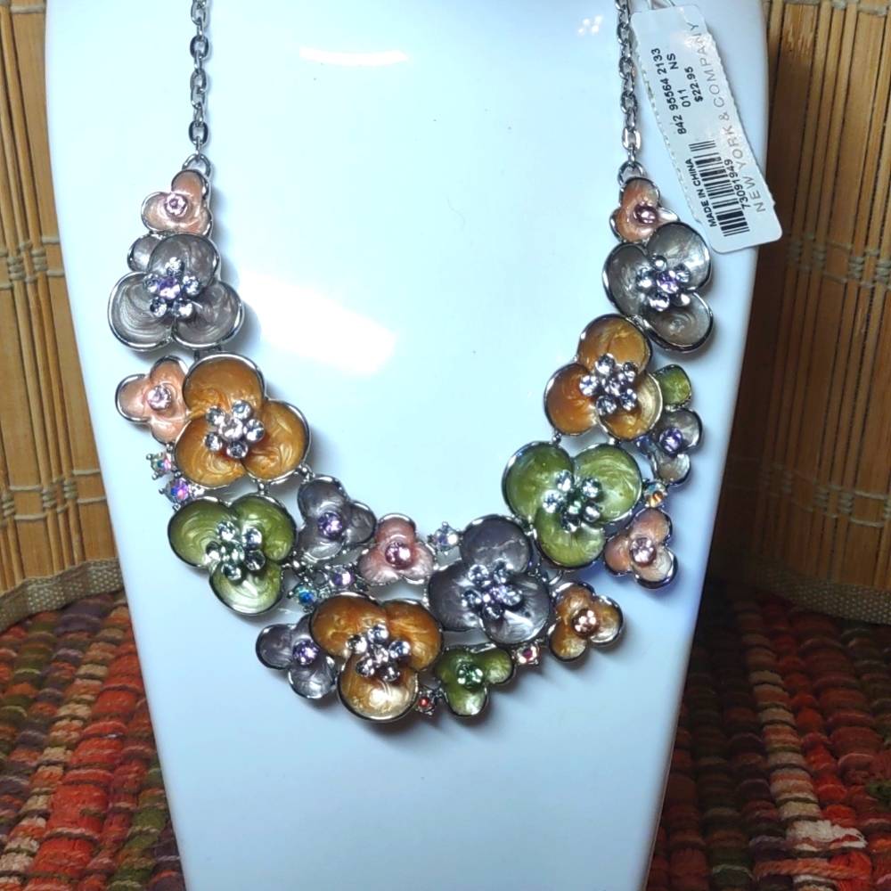 Flower and Rhinestone Statement Necklace
